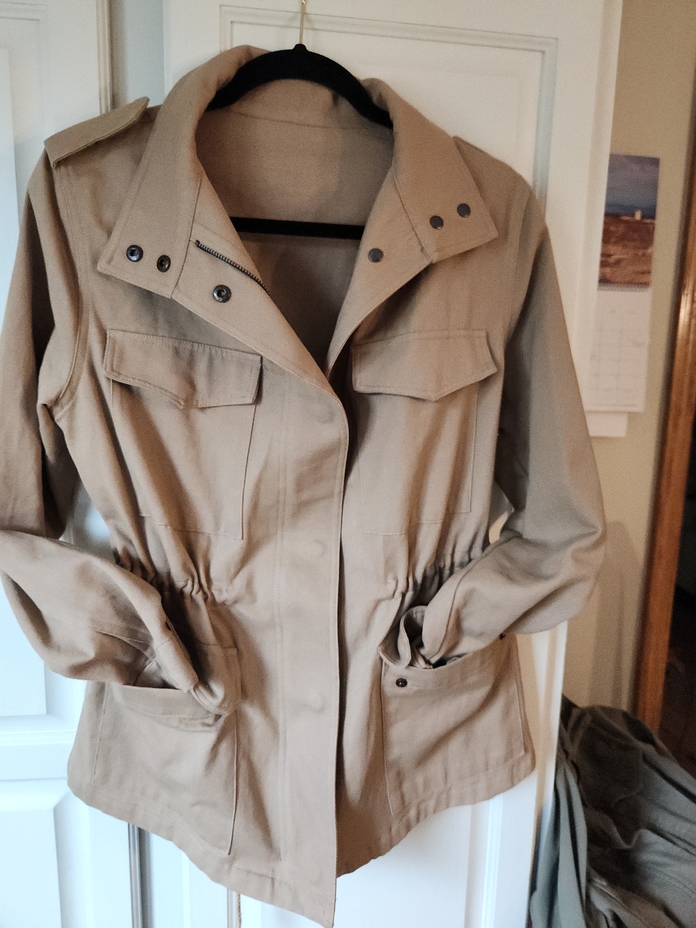 Women's Tan Drawstring Utility Jacket with Snap Details Large Womens